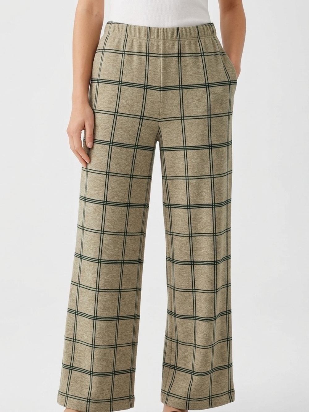 Indi & Cold Plaid Wide Leg Knit Pants Tan Green Elastic Waist Spain EU 36 / US S